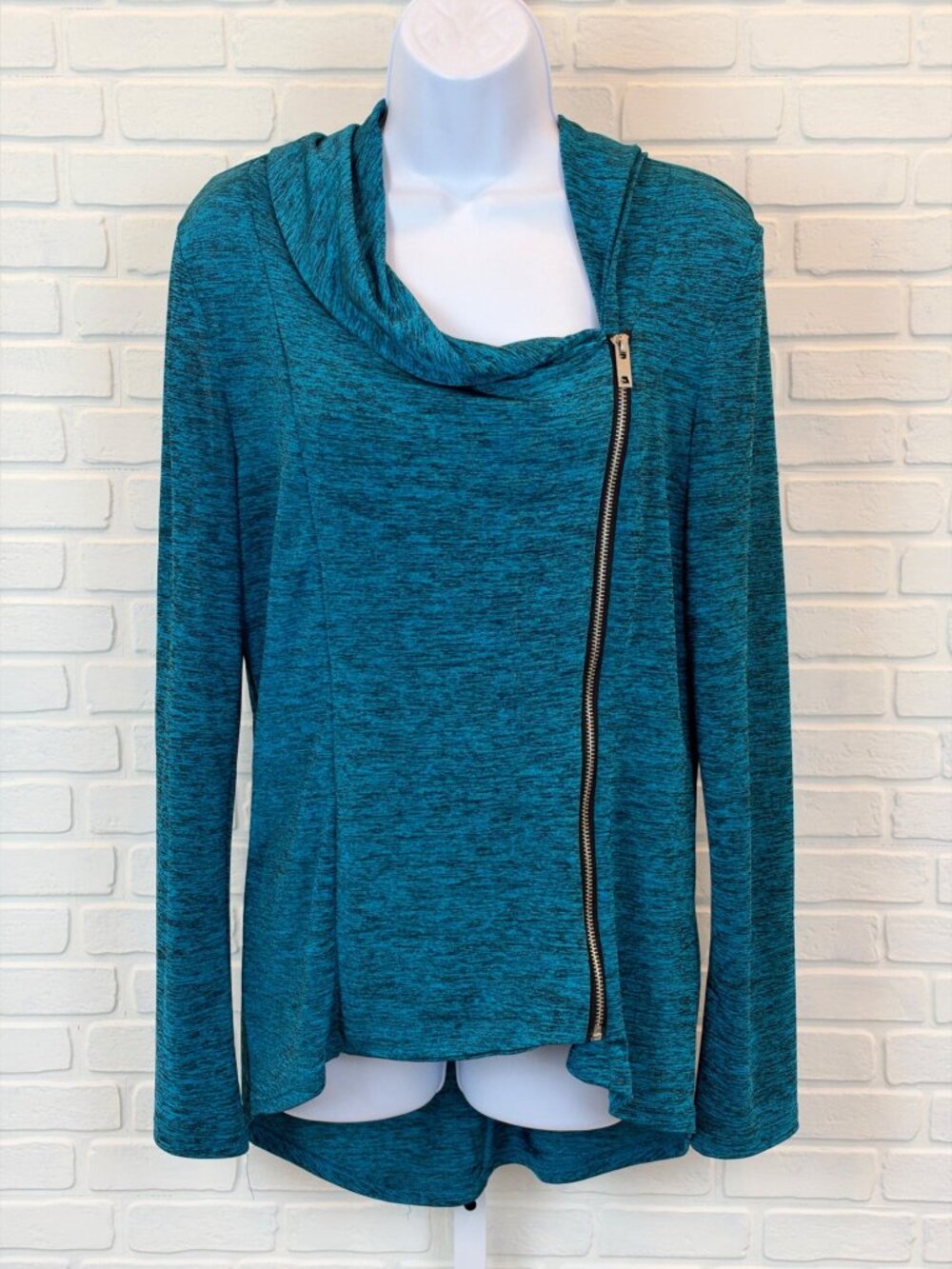 Man Xi Shang Teal Heathered Asymmetric Zip Cowl Neck Top L